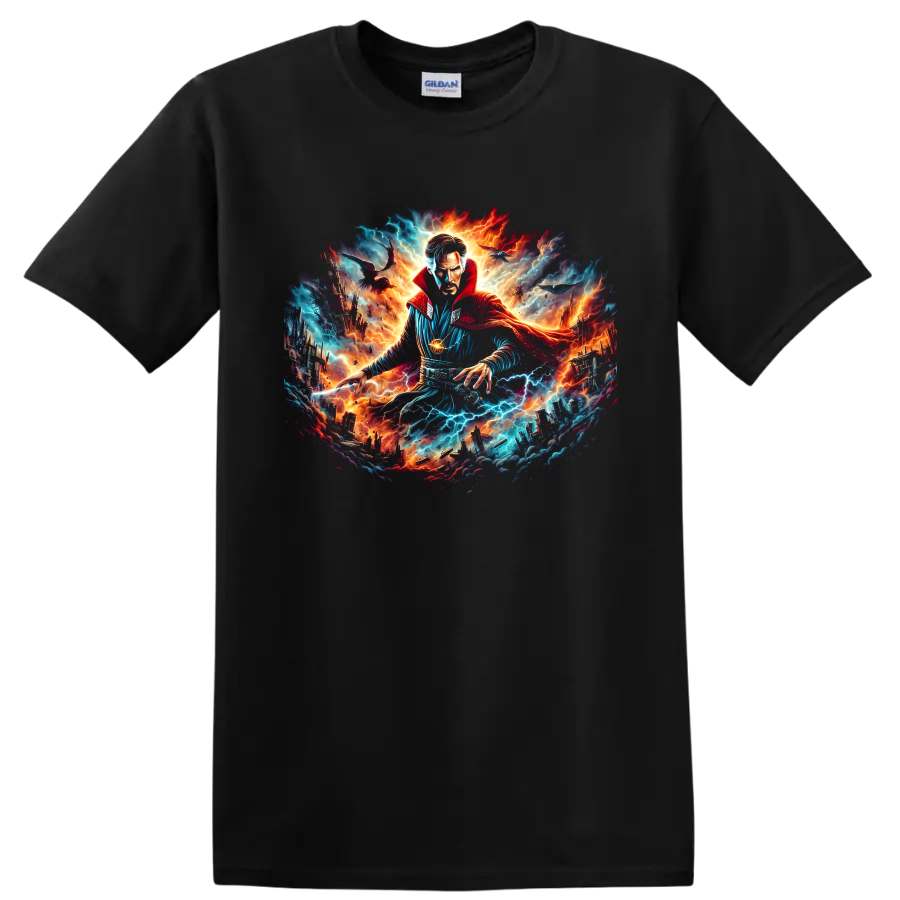 Doctor Strange cosmic fantasy art with lightning, fire, and futuristic city on a Black T Shirt