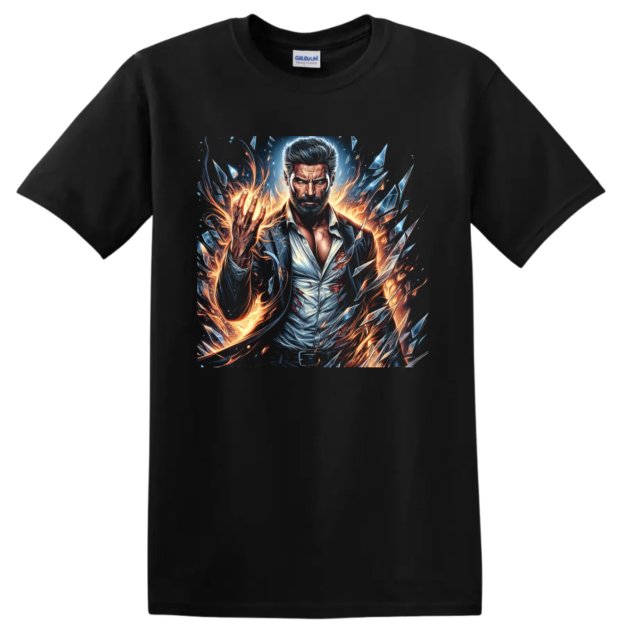 Wolverine portrait in fiery comic art with sparks and shattered crystal shards on a Black T Shirt