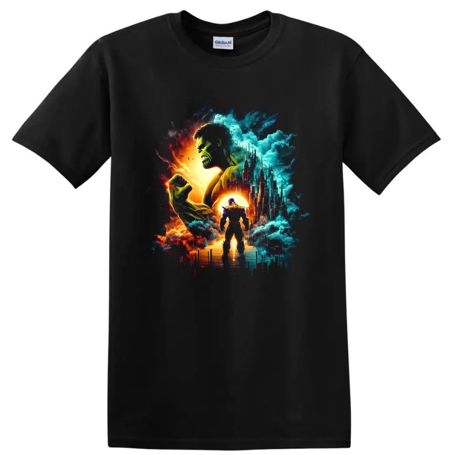 Thanos and Hulk cosmic battle illustration with futuristic cityscape on a Black T Shirt