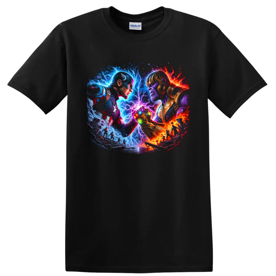 Captain America and Thanos cosmic battle art with a glowing jeweled gauntlet on a Black T Shirt