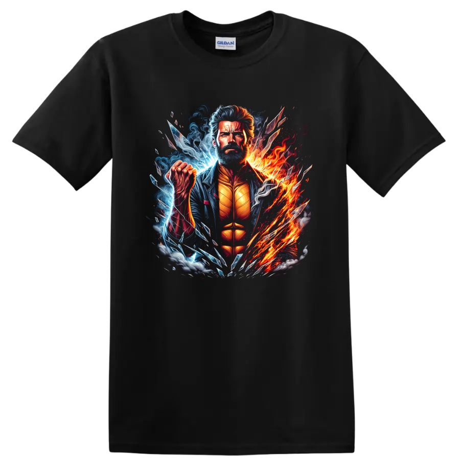 Wolverine superhero portrait with fire, ice energy, smoke, and shattered comic art on a Black T Shirt