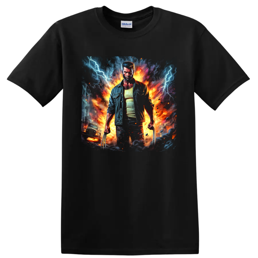 Wolverine clawed superhero in explosive fire and lightning comic art on a Black T Shirt