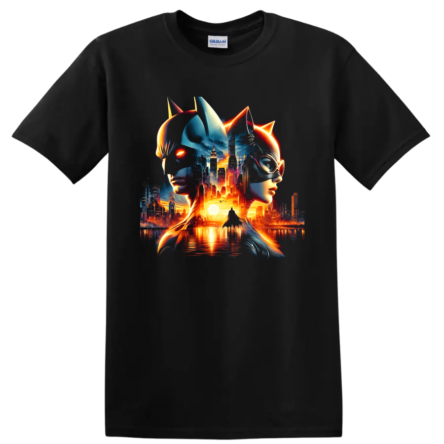 Batman and Catwoman neon city skyline dark art graphic print on a Black T Shirt