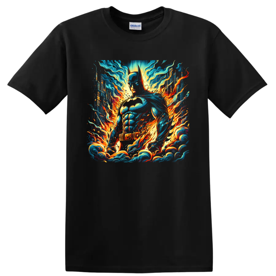 Batman comic art with neon cityscape, teal energy waves, and orange flames on a Black T Shirt
