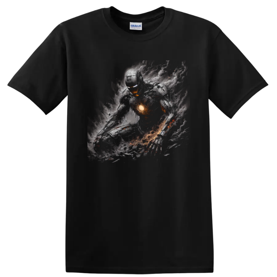 Iron Man armored battle art with glowing chest core, smoke, sparks, and debris on a Black T Shirt