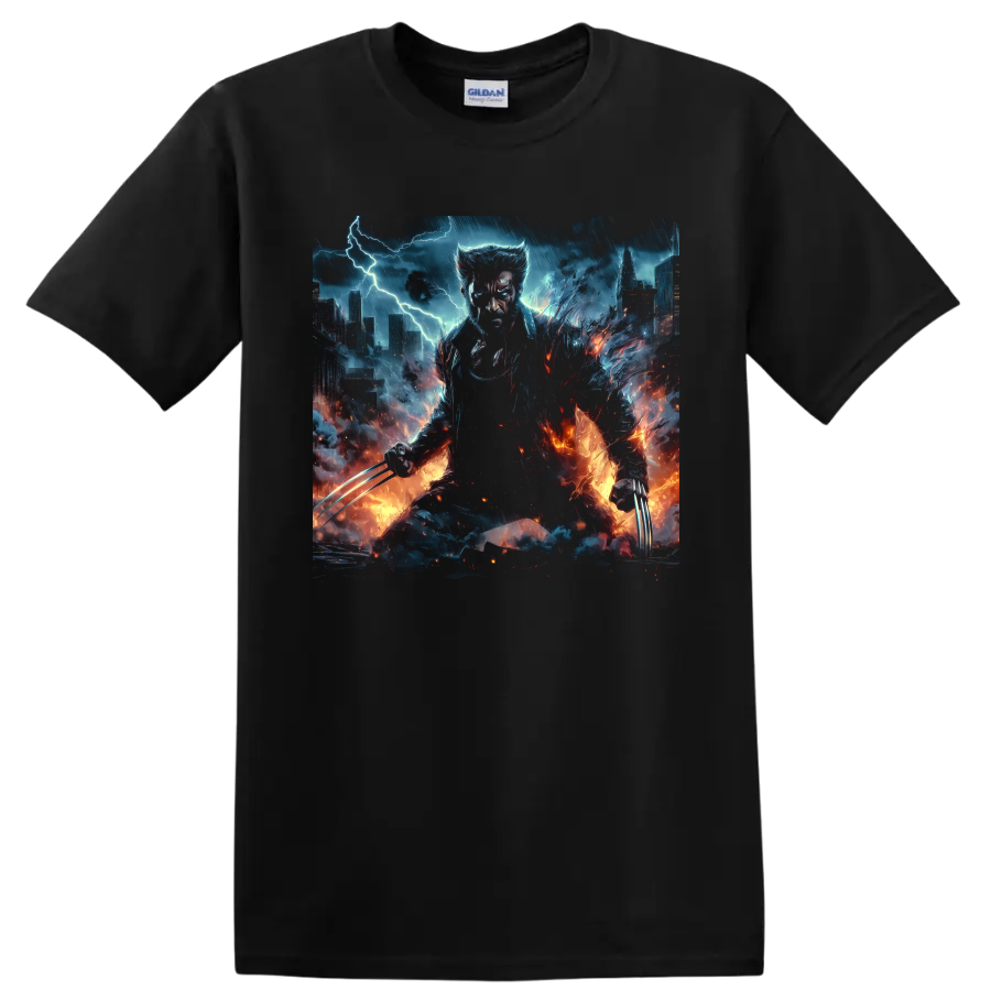 Wolverine storm city comic art with extended claws, lightning, and fire on a Black T Shirt
