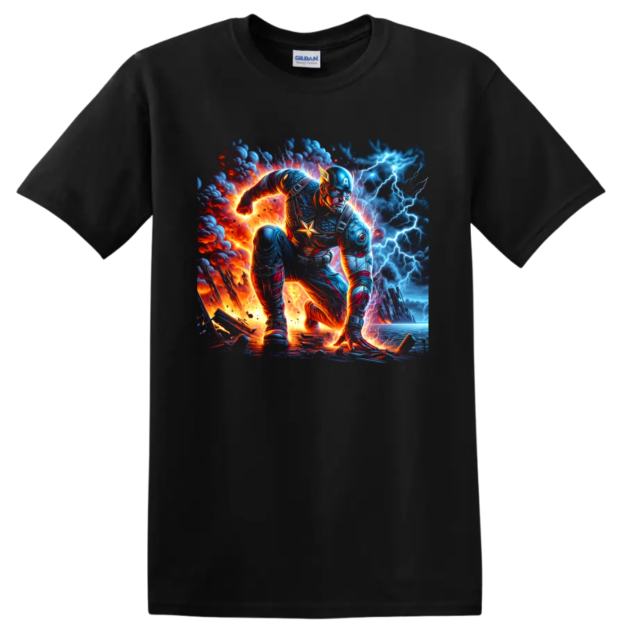 Captain America in a fiery lightning battle, detailed comic-inspired action art on a Black T Shirt