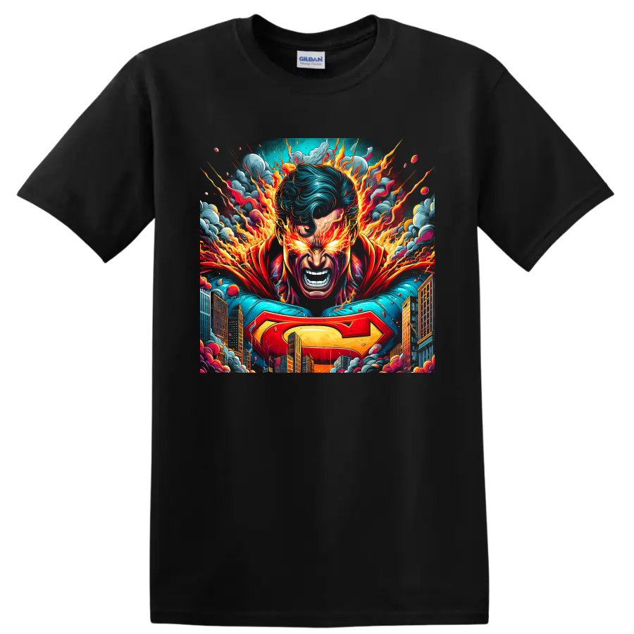 Superman fiery city hero portrait in explosive comic art on a Black T Shirt