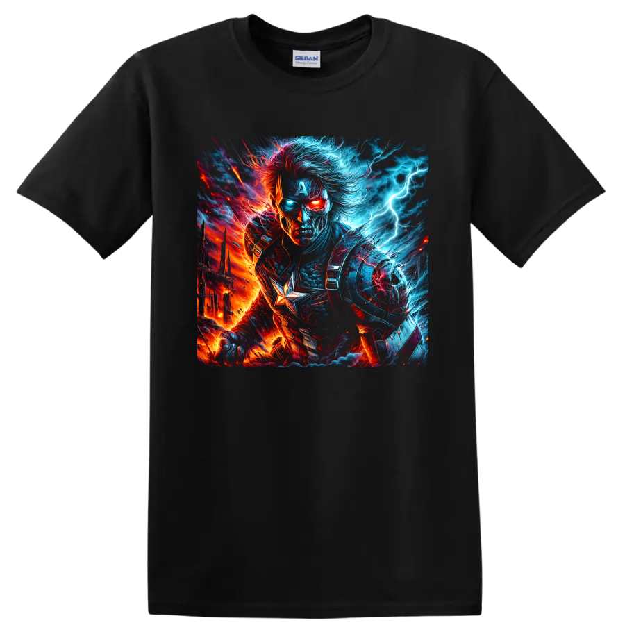 Captain America fire and ice fantasy portrait with lightning and star emblem graphic on a Black T Shirt