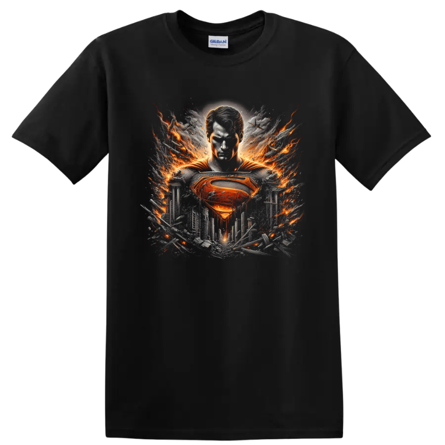 Superman with fiery emblem over a shattered city in cinematic comic book art on a Black T Shirt