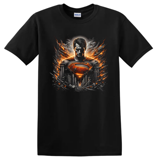 Superman with fiery emblem over a shattered city in cinematic comic book art on a Black T Shirt