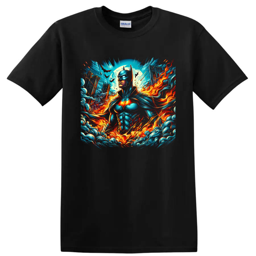Batman fantasy-comic graphic with moon, bats, teal waves, and swirling fire on a Black T Shirt