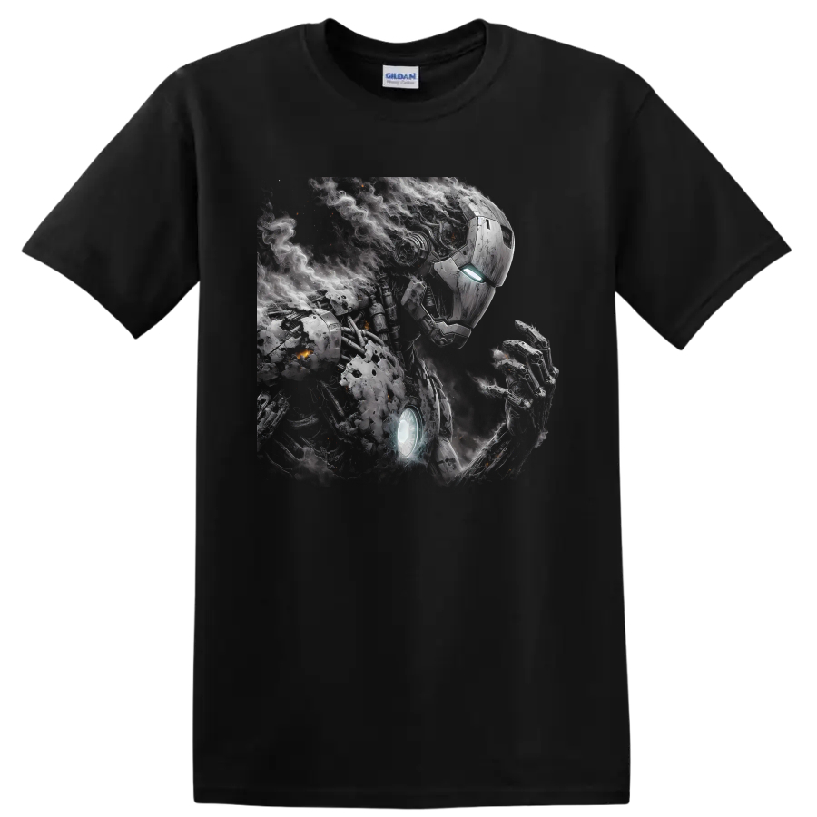Iron Man battle-worn armor portrait with glowing reactor, smoke, and sparks on a Black T Shirt