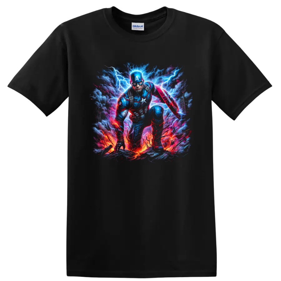 Captain America shield hero in electric lightning storm action graphic on a Black T Shirt