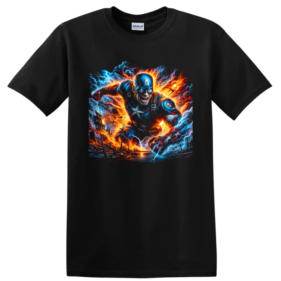 Captain America charging through lightning and fire in dynamic battle art on a Black T Shirt