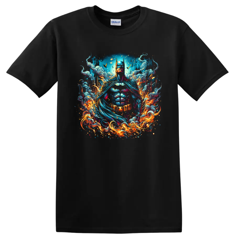 Batman in vibrant comic art with swirling waves, flames, and bat emblem on a Black T Shirt