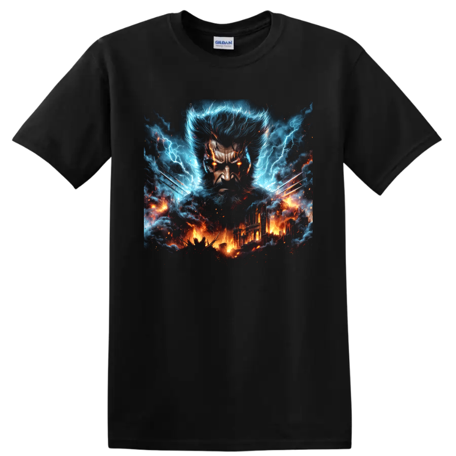 Wolverine portrait with metal claws, blue lightning, and fiery city comic art on a Black T Shirt