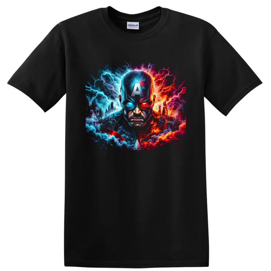 Captain America portrait with split blue and red lightning cityscape graphic on a Black T Shirt