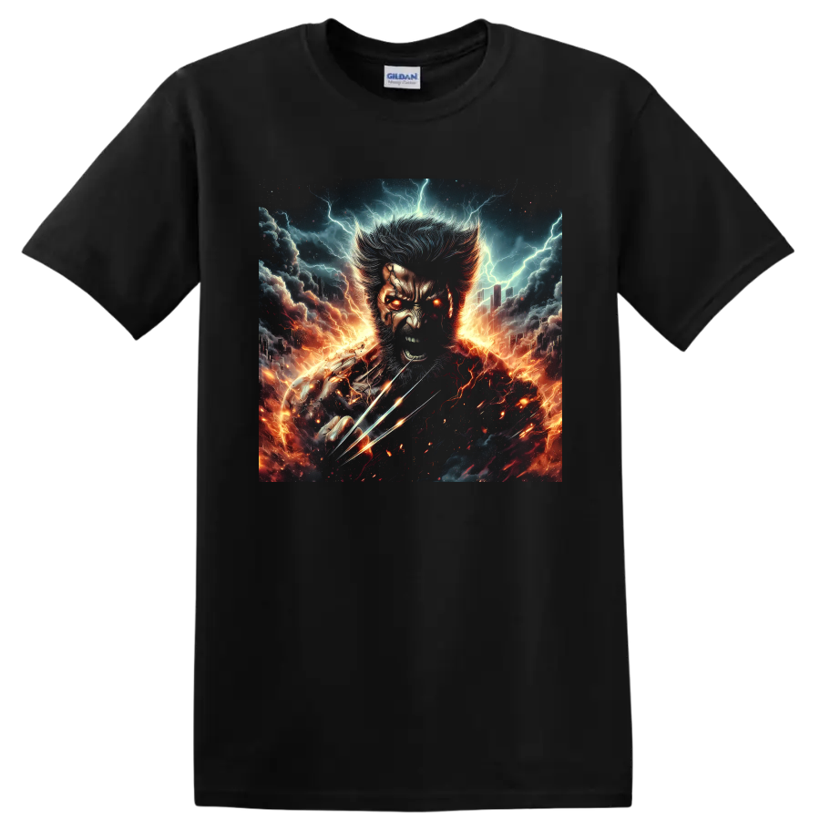 Wolverine revenge portrait with metal claws, lightning, fire, and storm artwork on a Black T Shirt