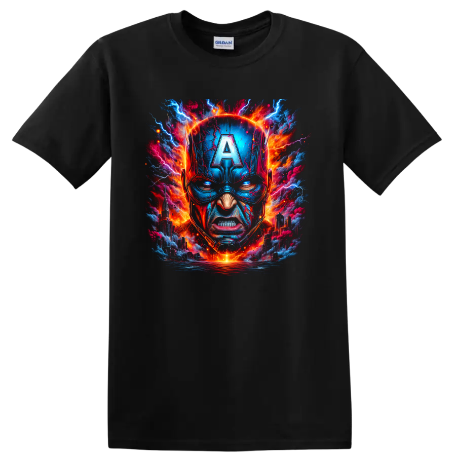 Captain America helmet portrait with electric lightning and fiery cityscape graphic art on a Black T Shirt