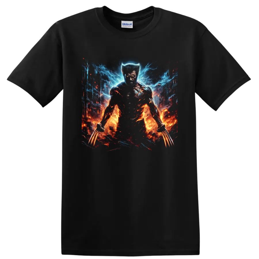 Wolverine comic-style hero with glowing claws, blue lightning, fire, and city backdrop on a Black T Shirt