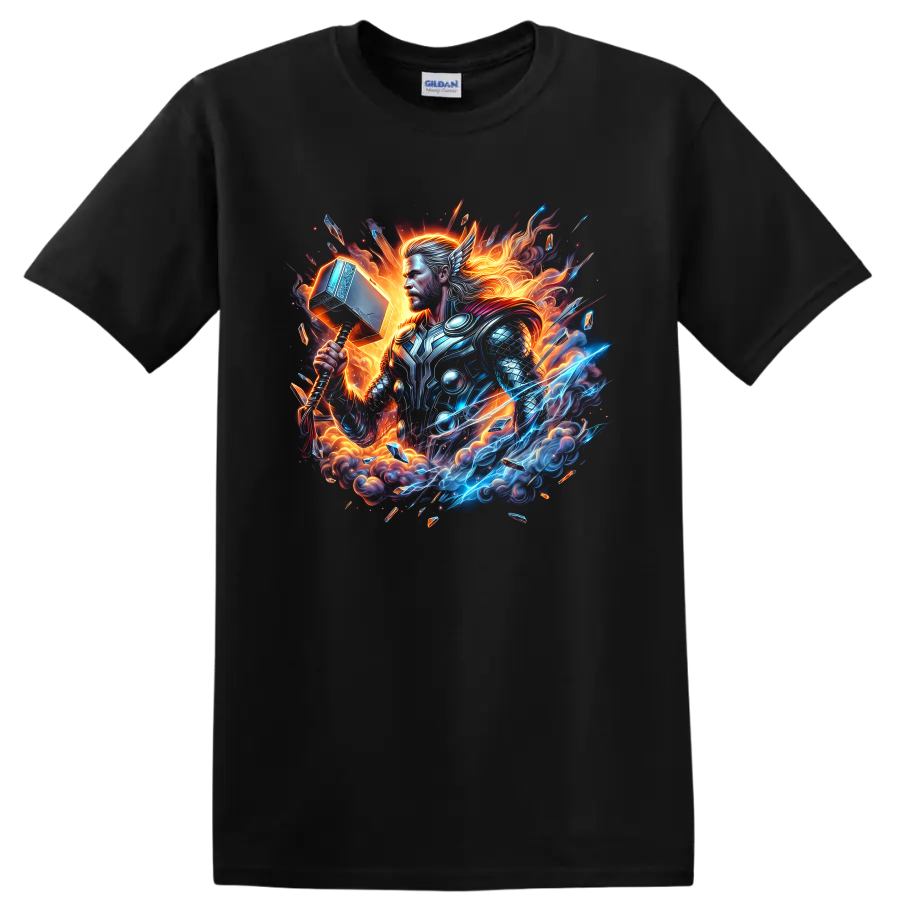 Thor armored hammer warrior in electric lightning and fiery fantasy graphic art on a Black T Shirt