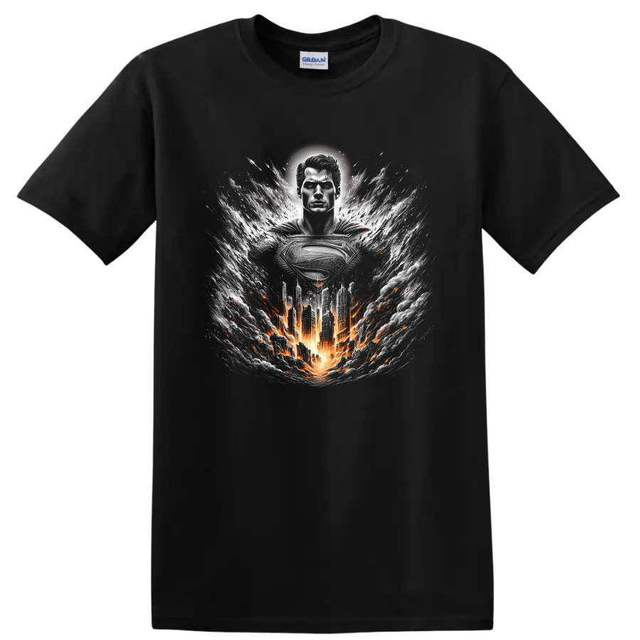 Superman with metallic emblem, fiery city, and swirling storm graphic art on a Black T Shirt