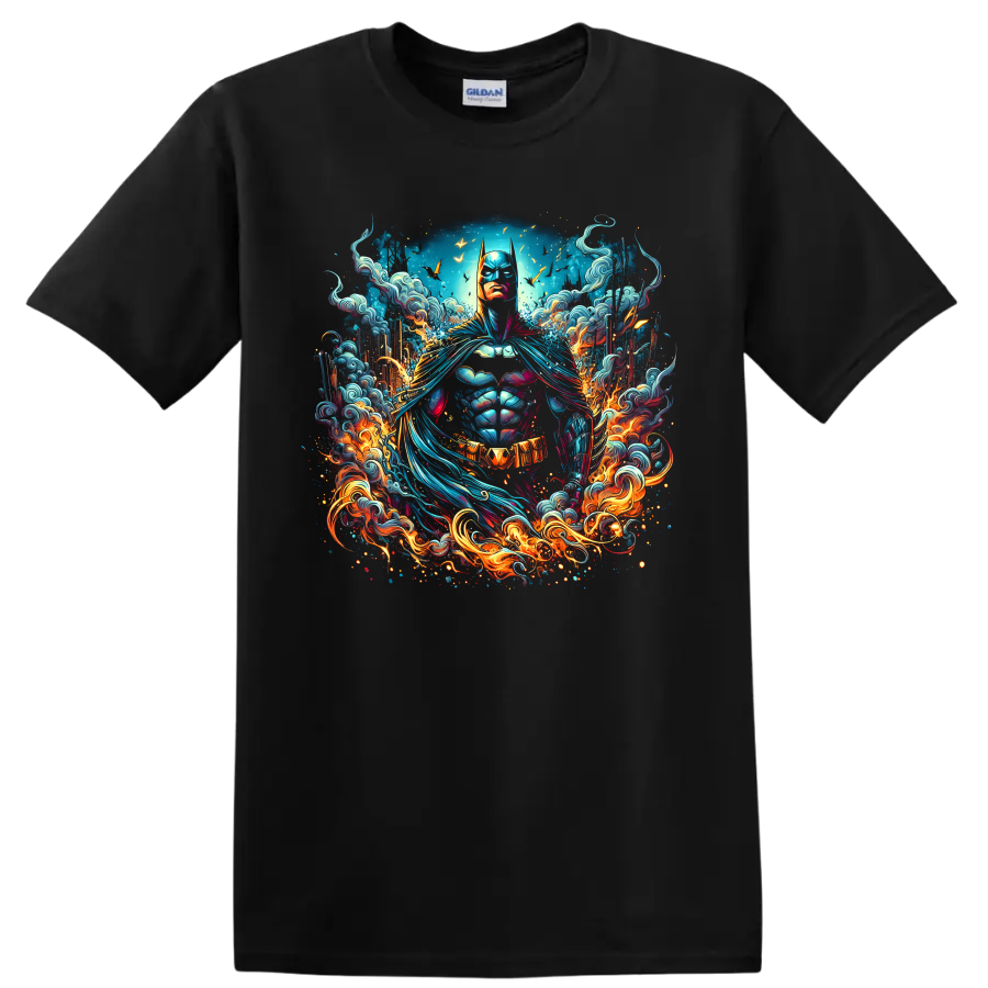Batman neon comic art portrait with swirling blue waves, bats, and fiery flames on a Black T Shirt