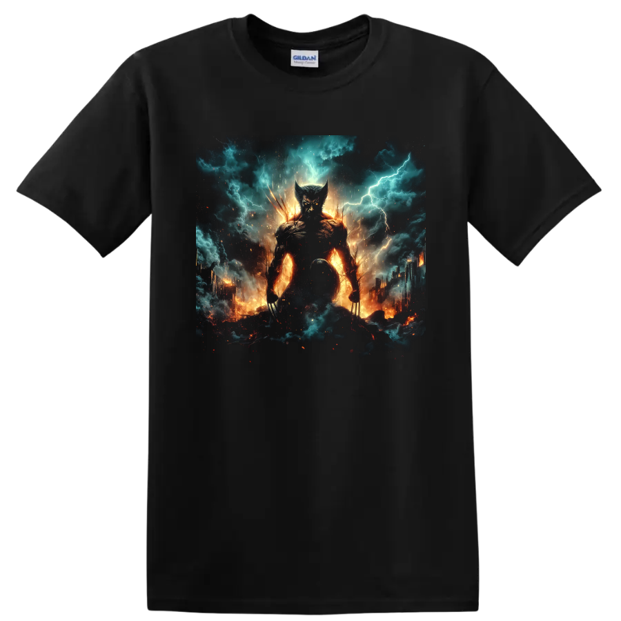 Wolverine clawed superhero in fiery storm battle graphic on a Black T Shirt
