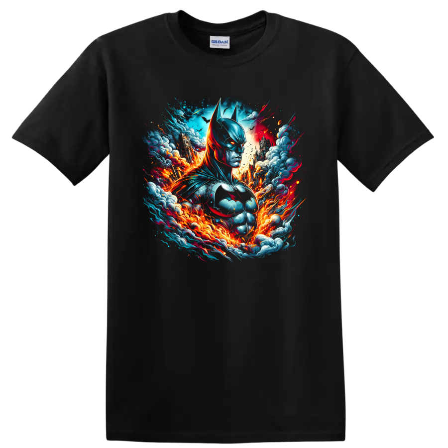 Batman comic art portrait with teal armor, fiery energy, clouds, and sparks on a Black T Shirt