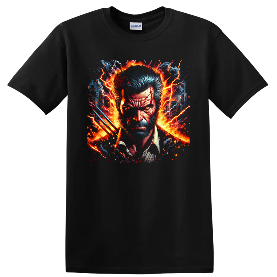 Wolverine portrait with claws, fiery lightning, and city comic art on a Black T Shirt