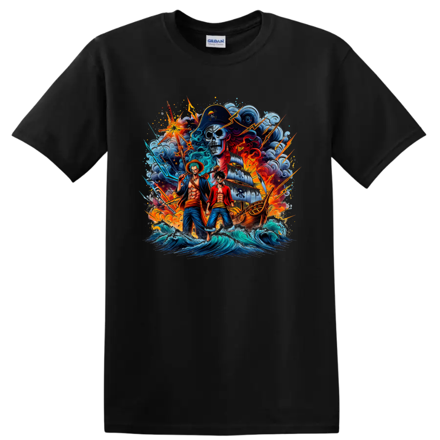 One Piece Luffy, Zoro, and Brook pirate ship adventure graphic print on a Black T Shirt