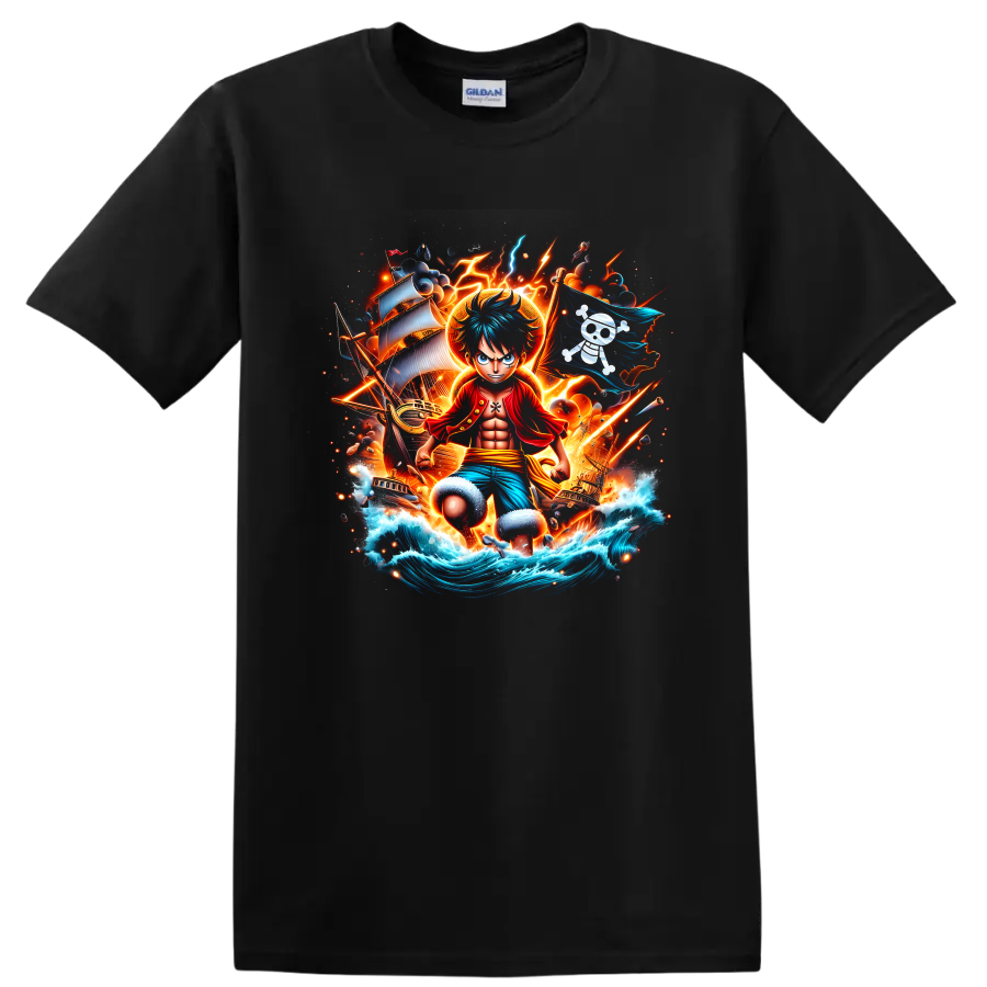 Monkey D. Luffy pirate adventure graphic with ships, lightning, waves, and pirate flag on a Black T Shirt