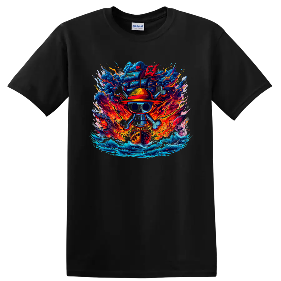 One Piece Straw Hat Pirates skull emblem with fiery ship, storm clouds, and ocean waves on a Black T Shirt