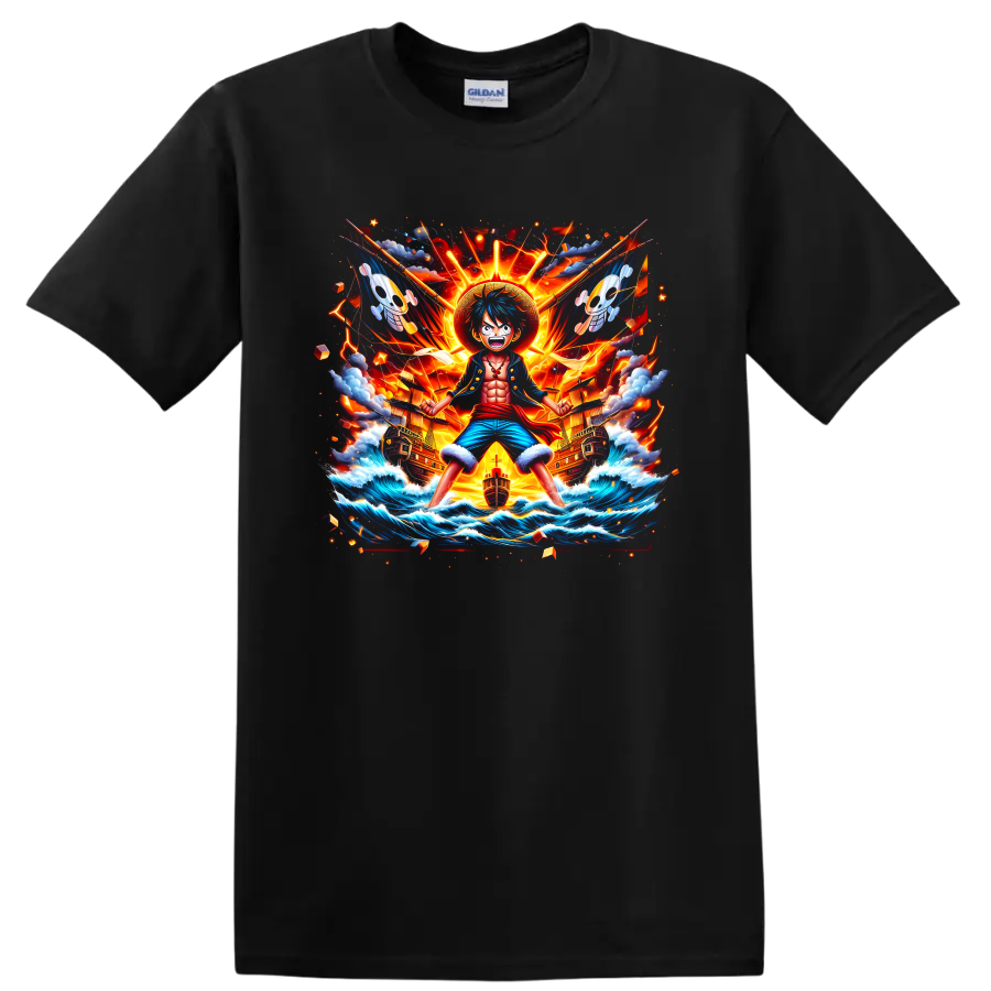 Monkey D. Luffy anime action art with pirate ships, ocean waves, lightning, and sunburst on a Black T Shirt