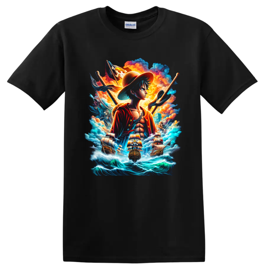 Monkey D. Luffy anime pirate artwork with ships, skull flag, clouds, and ocean waves on a Black T Shirt