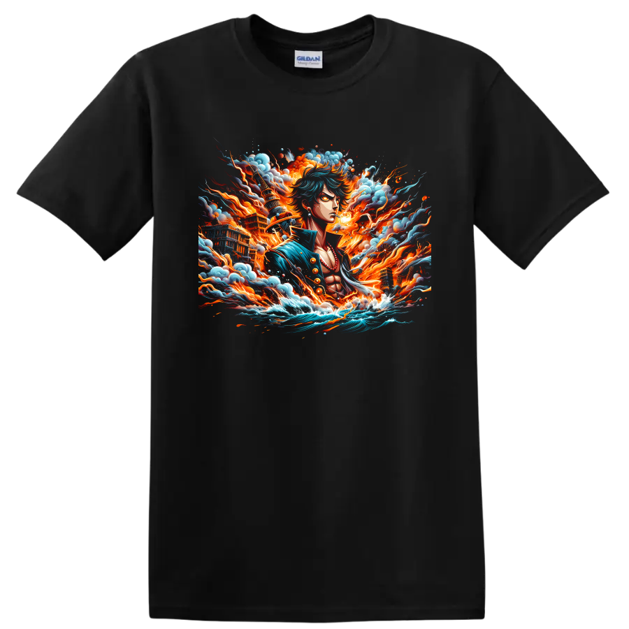 Monkey D. Luffy Gear 5 anime art with fiery energy, clouds, and crashing waves on a Black T Shirt