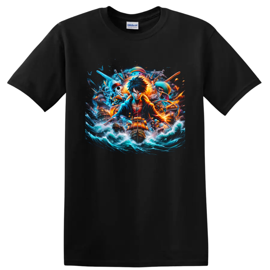 Monkey D. Luffy anime pirate adventure graphic with ships, waves, and glowing effects on a Black T Shirt