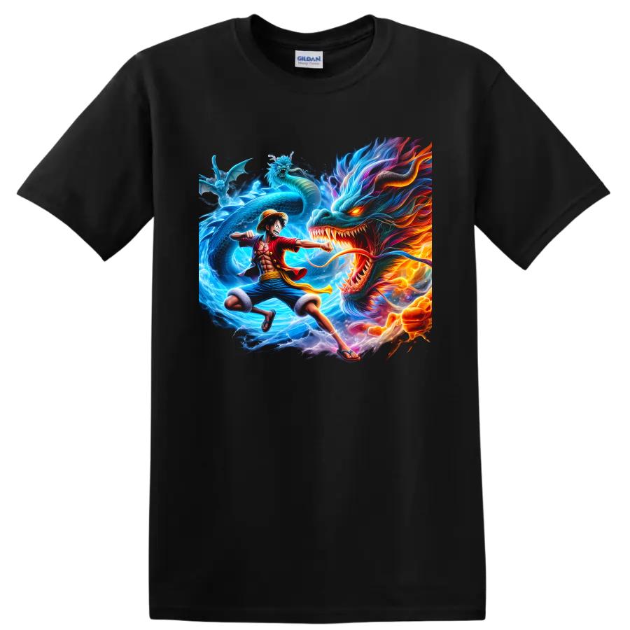 Monkey D. Luffy versus Kaido dragon battle in vivid One Piece anime art on a Black T Shirt