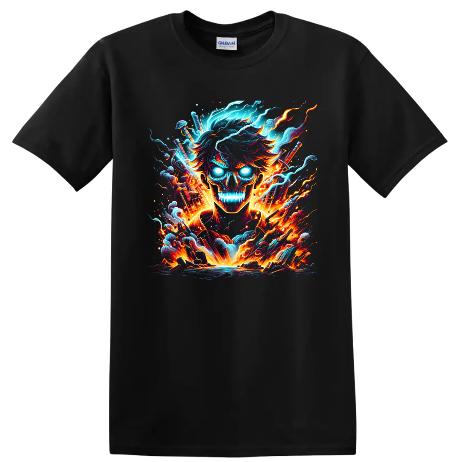 Satoru Gojo flaming skull with neon energy, crossed swords, smoke, and anime fire on a Black T Shirt