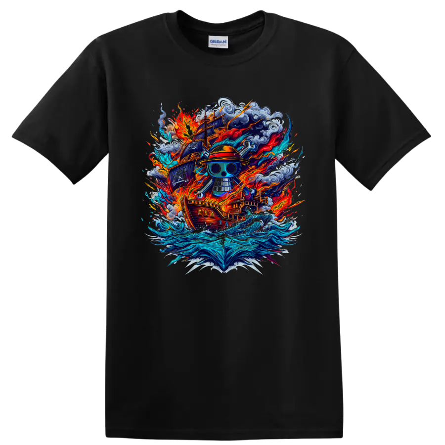 One Piece Straw Hat Pirates skull with fiery ship, storm clouds, and ocean waves on a Black T Shirt
