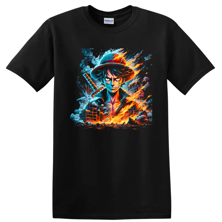 Monkey D. Luffy in a fiery blue anime warrior graphic with straw hat and sword on a Black T Shirt