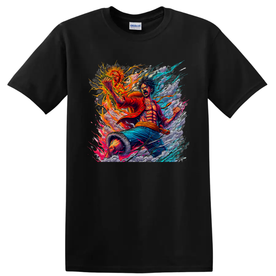 Monkey D. Luffy fiery One Piece anime action graphic with blue energy streaks on a Black T Shirt
