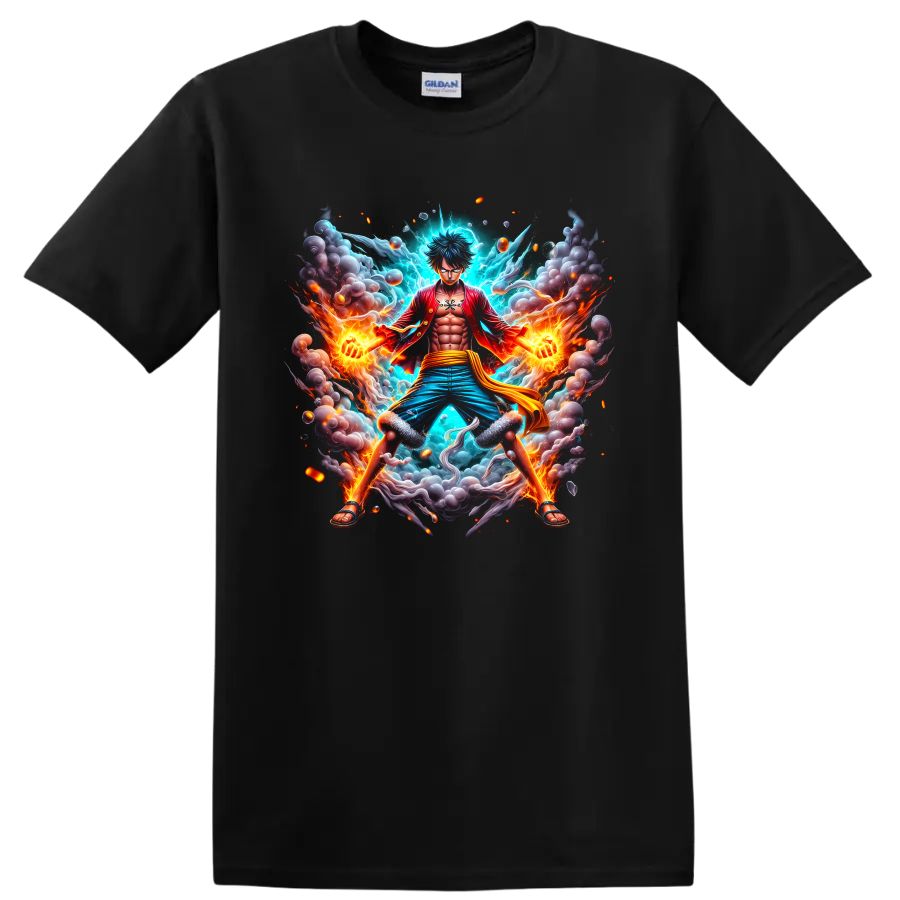 Monkey D. Luffy Gear 5 anime action graphic with fire, lightning, smoke, and sparks on a Black T Shirt