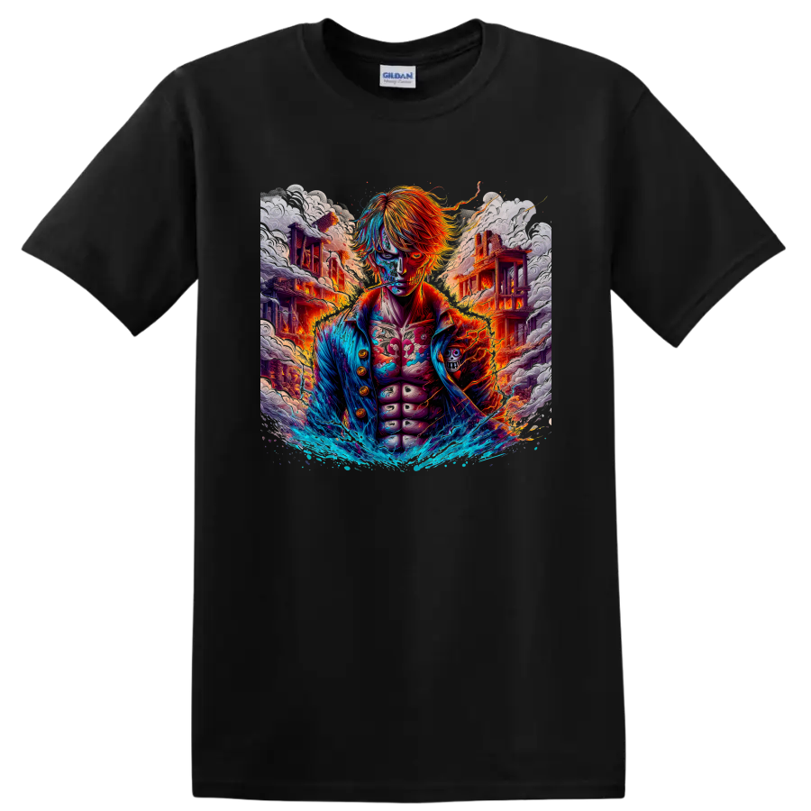 Sanji One Piece anime battle graphic with fire, blue water waves, and ruined buildings on a Black T Shirt