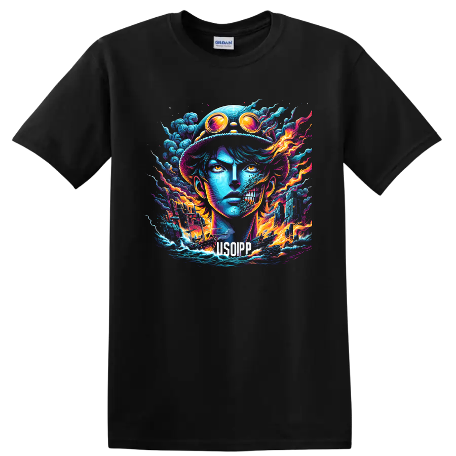 Usopp neon pirate portrait with goggles, skull effect, waves, ship, and flames on a Black T Shirt