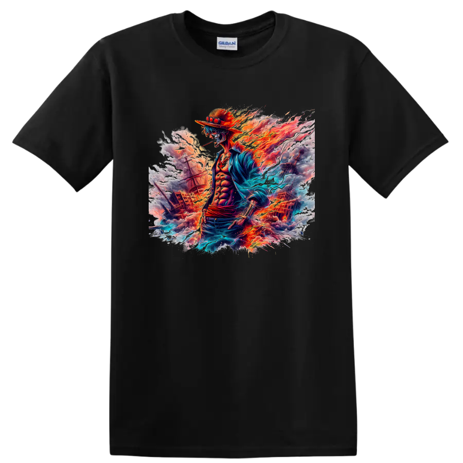 Portgas D. Ace fire pirate battle graphic with ships, flames, and ocean energy on a Black T Shirt