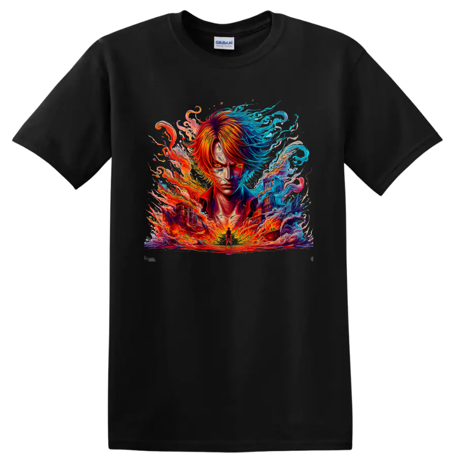 Shanks anime portrait with fire, waves, and vivid blue and orange energy on a Black T Shirt