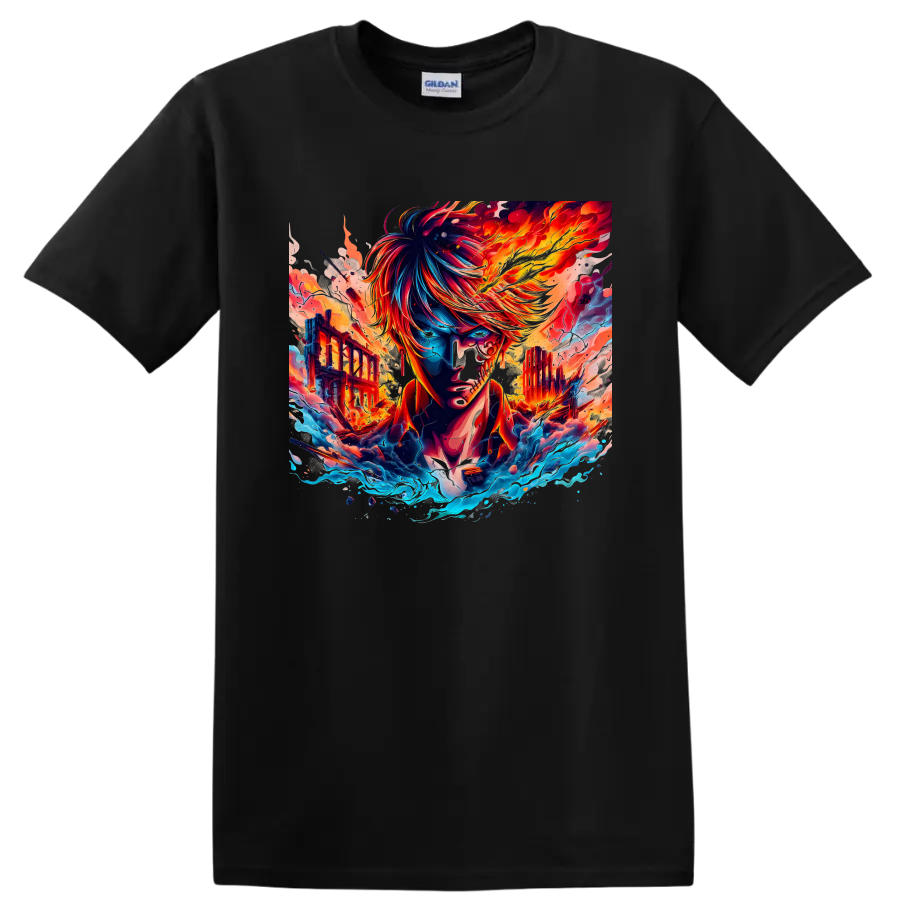 Sanji One Piece fiery anime warrior with flames, waves, and ruined city art on a Black T Shirt