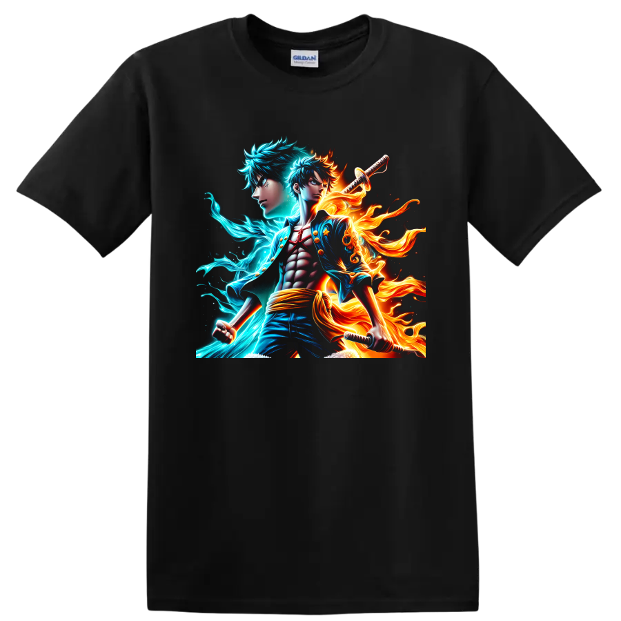 Monkey D. Luffy and Portgas D. Ace anime warrior art with cyan energy and flames on a Black T Shirt